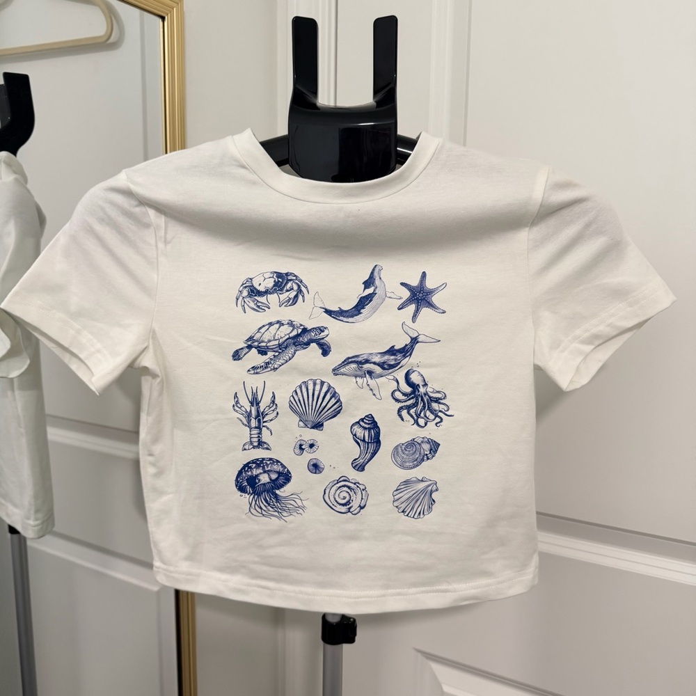 White Tee with Blue Ocean Graphic